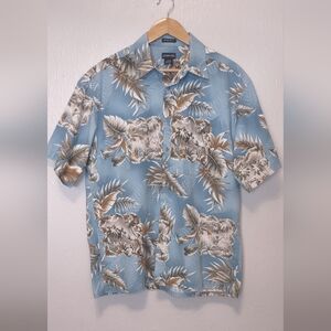 St. John's Bay Light Blue and Brown Tropical Hawaiian Cotton Mens Large Shirt